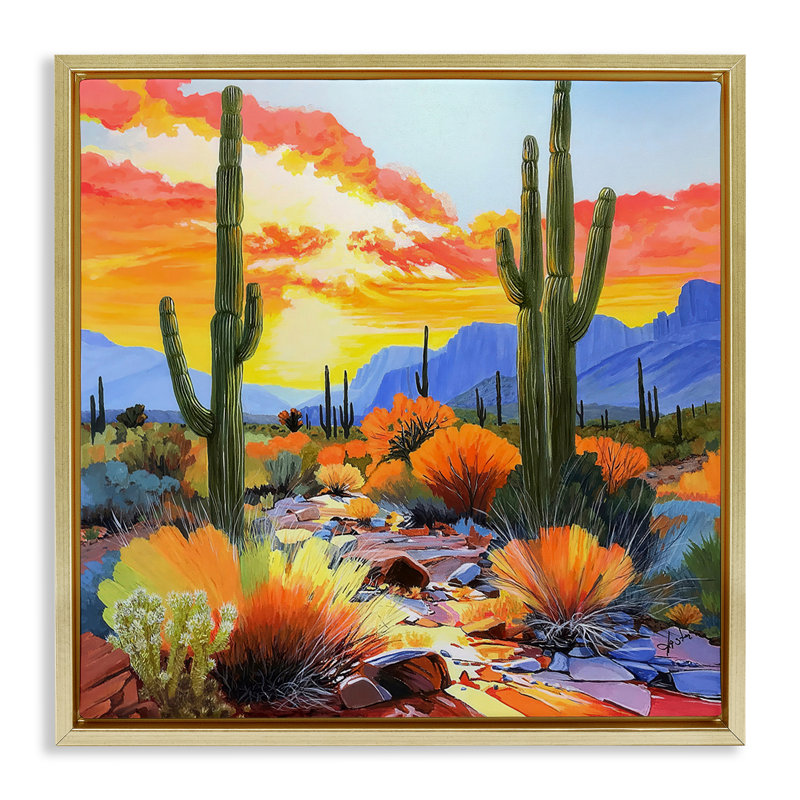 Cadre flottant Desert Splendor Cacti, design par John Jaster, Cadre flottant métallique doré, H 18 po x l 18 po