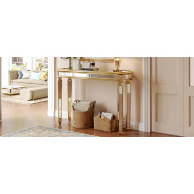 Miroir console rétro vintage en grain de bois, magnifique et noble pour le vestibule, la table de canapé et le salon (l 48 po x H 32,3 po x P 18 po, or)