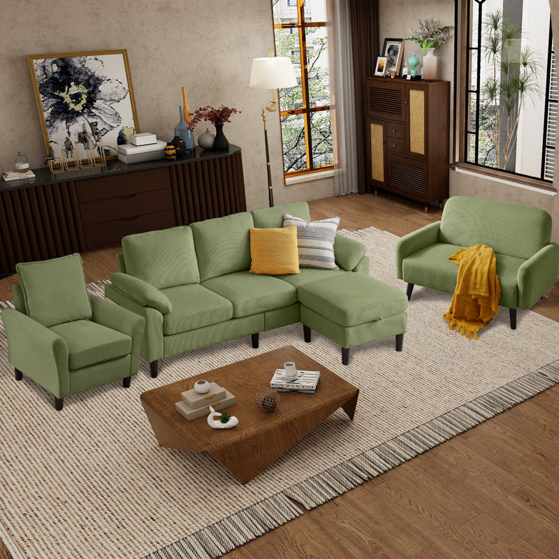 Ensemble de canapés en velours côtelé 4 pièces, canapé modulaire en L avec repose-pieds, causeuse et fauteuil simple, Vert