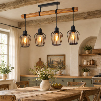 4-Light Burnt Wood Kitchen Island Pendant