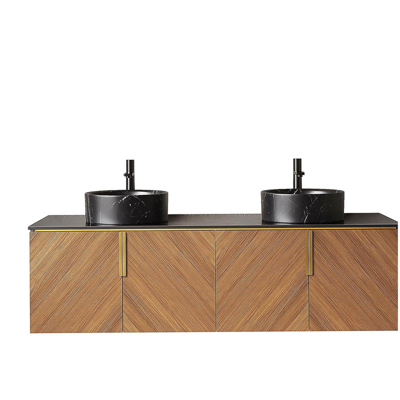 Meuble-lavabo de salle de bain 60 po ARAI, armoire de rangement murale en contreplaqué avec 4 portes, 2 lavabos ronds noirs en céramique avec motif en pierre et comptoir en pierre frittée noire, couleur grain de bois de chêne brun