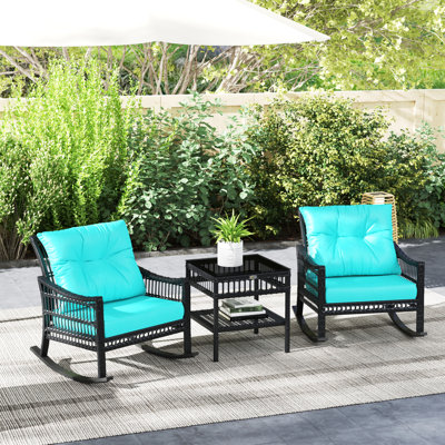 Winston Porter Wicker Outdoor Rocking Chair Set, 3 Piece Patio Furniture Set with Padded Cushions and Storage Coffee Table, 2-Seater PE Rattan Bistro Set for Garden