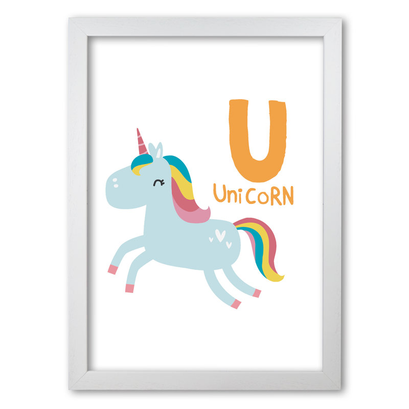 Alphabet Animals, U Is For Unicorn - Single Picture Frame Print, 30 cm H x 21 cm W x 5 cm D, White Grain Frame