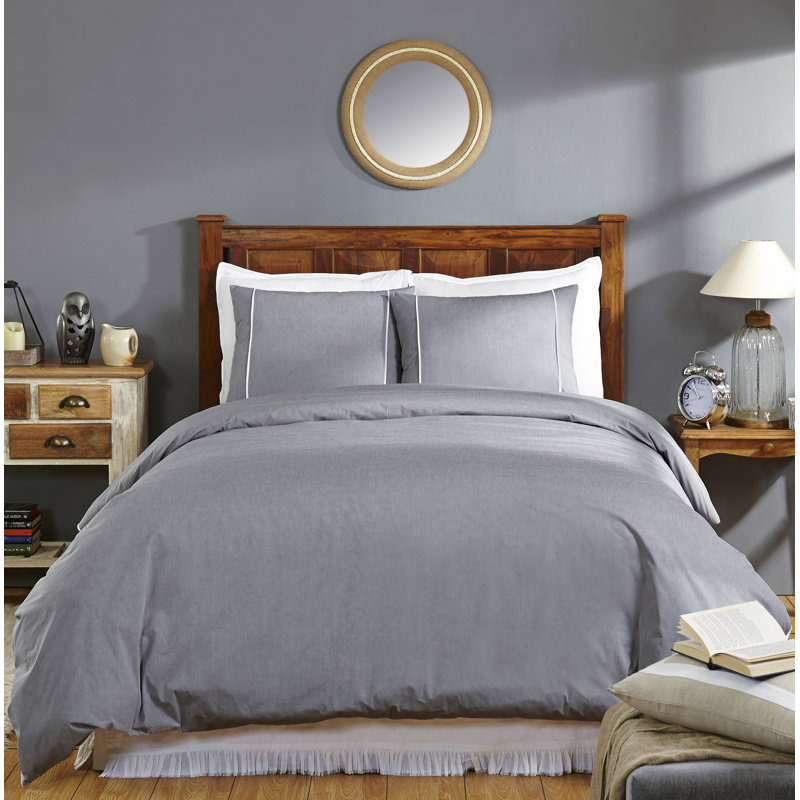 Chambray Cotton Sham with Satin Piping, Knife Edge Finish, King, Natural