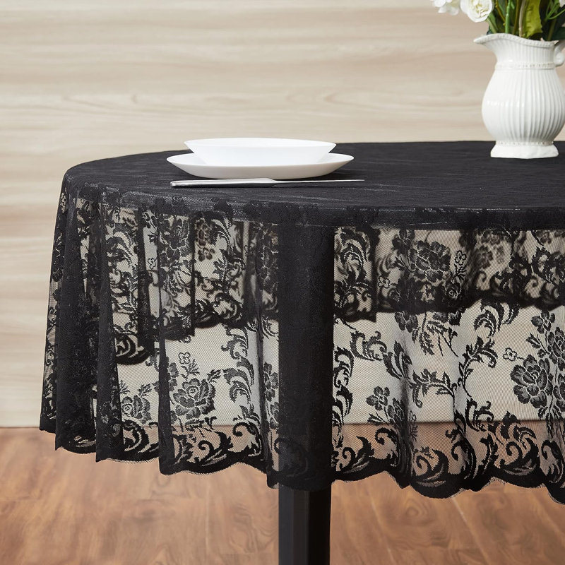Keilly Round Floral Wedding Lace Tablecloth, Black, 36" Round