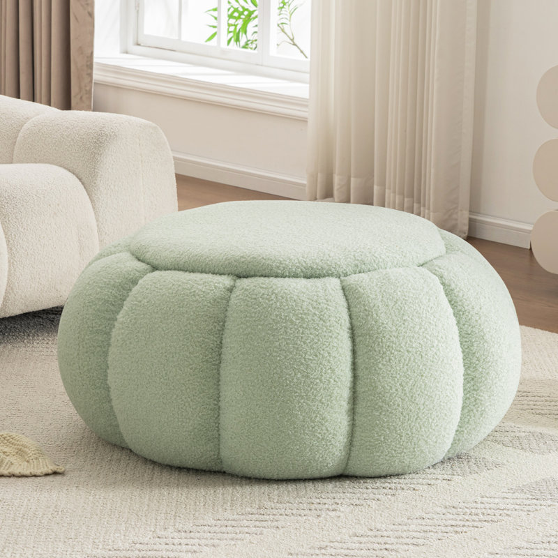 34‘’W Upholstered Pumpkin Compression Ottoman For Livlingroom Bedroom, Teddy Fabric Cute Coffee Table, Teddy Green