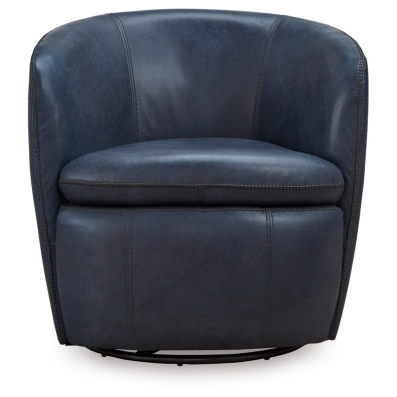 Blue Leather Barrel Back Swivel Chair