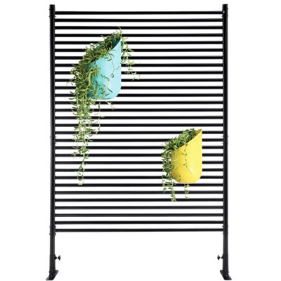Paravent d'extérieur en métal à lattes, 181,3 cm x 120,3 cm, avec support, autoportant, acier galvanisé rouille, noir, profondeur 120,3 cm, pour terrasse ou patio, acier
