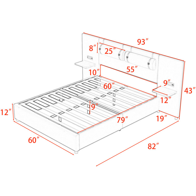 Lit plateforme tapissier avec prises intégrées et port USB et tablettes, Beige, Grand