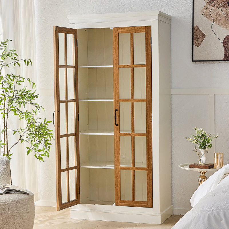 71.2'' Tall Display Cabinet With Glass Doors, Rustic Style China Cabinet, Curio Cabinet For Collectibles Figures Trophies, For Hallways Living Room, Kitchen, Home, Studio Or Workspace - White & Brown