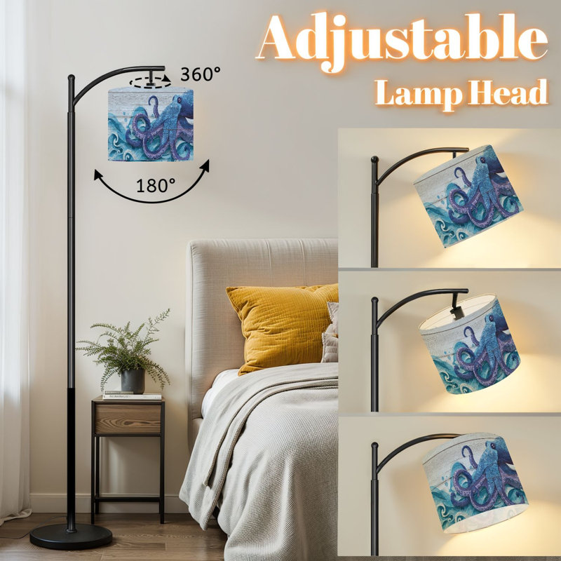 Lampe sur pied à arc avec abat-jour réglable Abstrait nautique bleu océan Pieuvre courbée Tentacules Ventouse Lampe sur pied 3 températures de couleur à intensité variable Lampe sur pied pour l'interrupteur