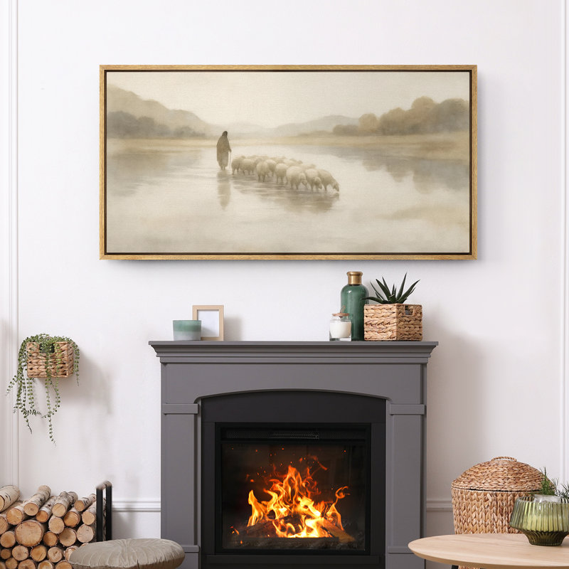 Grande impression sur toile encadrée - Jésus et moutons pour une décoration moderne, Naturel, H 30 po x l 60 po