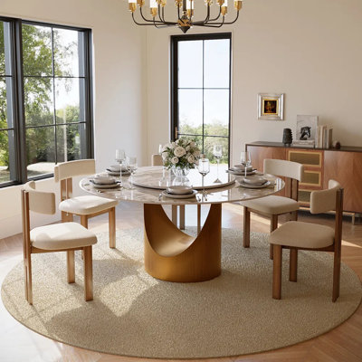 Modern Round Dining Table, Sintered Stone Tabletop With Lazy Susan, Carbon Steel Base Pre-Assembly