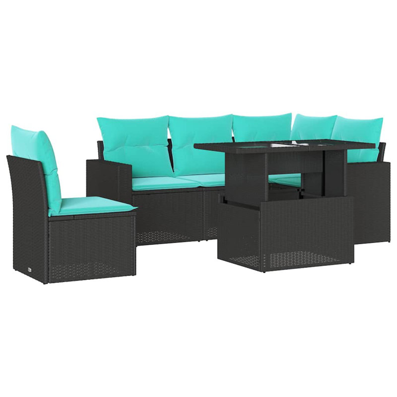 Ensemble de canapé de patio 6 pièces avec coussins en rotin de polyester, Bleu clair, Noir