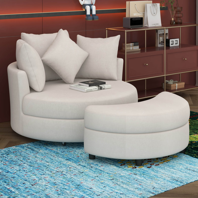 Fauteuil demi-tonneau pivotant rond avec repose-pieds avec rangement et 4 coussins amovibles, fauteuil pivotant rond à 360 °