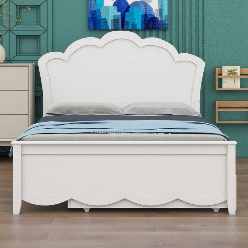 Platform Bed With Headboard And Trundle Bed, Full, White