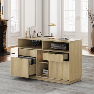 41" 4 Drawer Fluted Wood File Cabinet With Lock & Built-In Charging Station – Home Office Printer Stand With Open Shelves For A4 & Letter Size Files