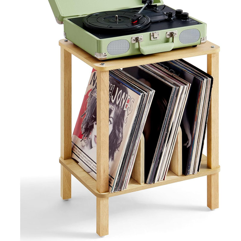 Bamboo Record Player Stand With 2-Tier Vinyl Storage For Up To 100 Albums, Multi-Functional Display Shelf And End Table For Living Room Or Bedroom