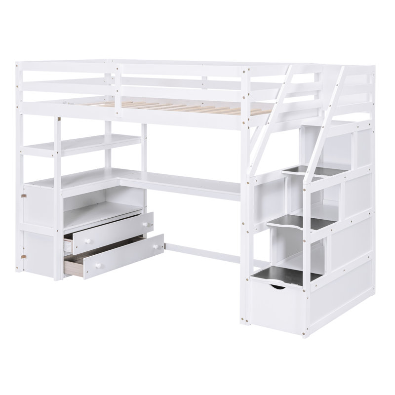 Lurelle Rustic Loft Bed With Desk, Shelves, And Sturdy Pine Frame, Twin, White