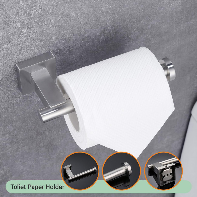 4-Piece Bathroom Accessories Set In Brushed Stainless Steel - Double Towel Bar, Hand Towel Rack, Toilet Paper Holder, Robe Hooks - Modern Wall-Mounted Design