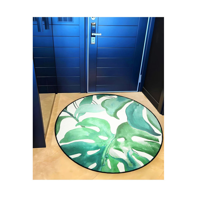 Green Leaf Patterned Woven Base Decorative Carpet, Round 4'