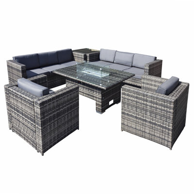 Malta Rattan 8 Seat Rising Firepit Corner Set in Grey Walnut