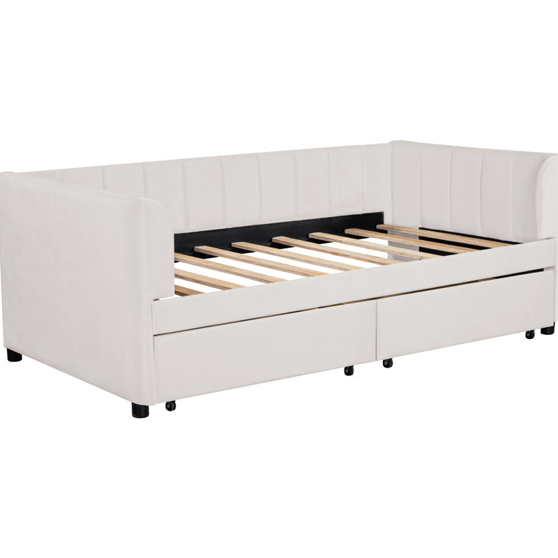 Lit de jour simple beige avec 2 tiroirs et support dorsal ergonomique - Tête de lit à rayures classique pour une chambre à coucher élégante