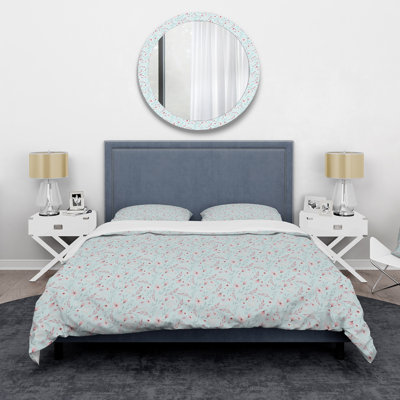 Fleurs de saule rose sur fond bleu clair - ensemble de housse de couette bohémien - microfibre de polyester