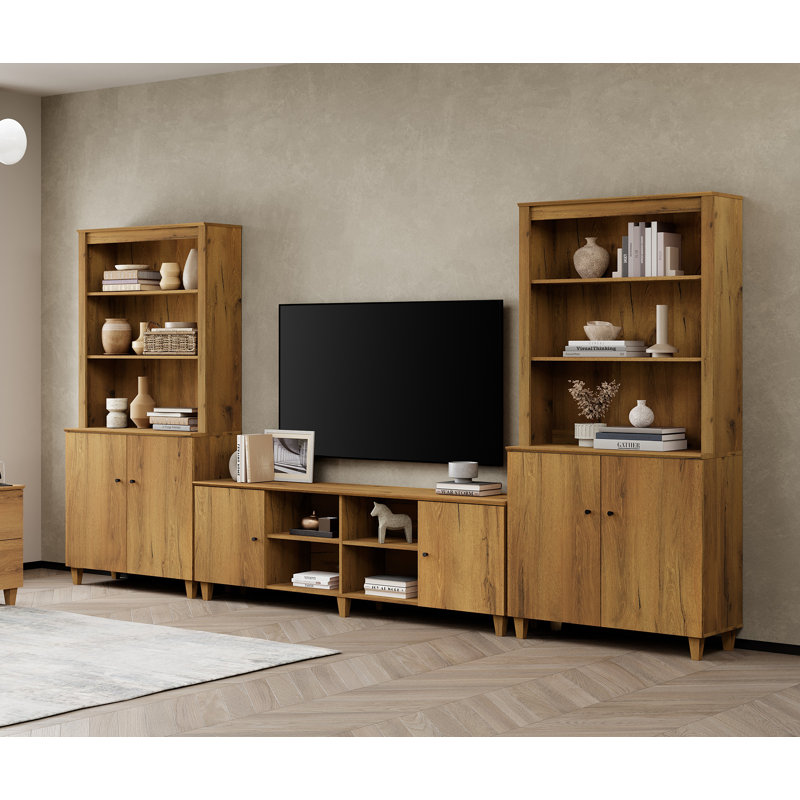 Lysiane TV Stand And Bookcase Set With Cabinets & Shelves For 75" Tvs, Oak Brown