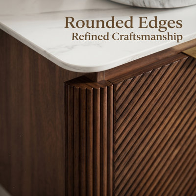 Linea 36" Modern Walnut Bathroom Vanity With Textured Doors, Sintered Stone Top, Ceramic Vessel Sink & Open Storage Shelf