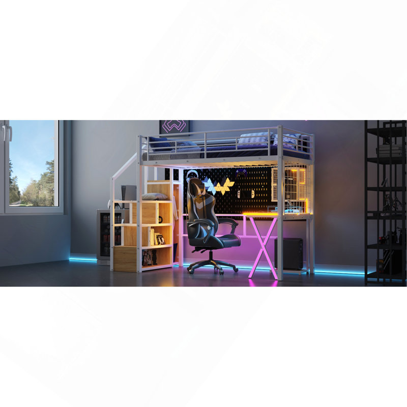 Twin Metal Loft Bed with LED, Built-in Workstation, Wardrobe & Storage Staircase, Twin