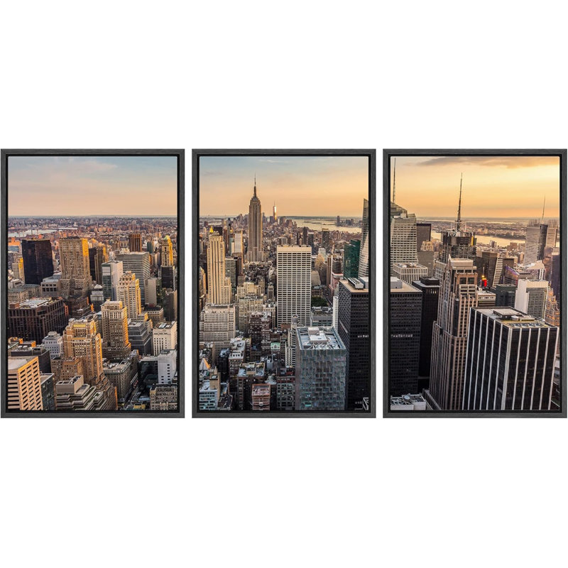 Architecture Building " Skyscraper In New York City Midtown At Sunset " 3 - Pieces, Black Framed, 36" H x 72" W