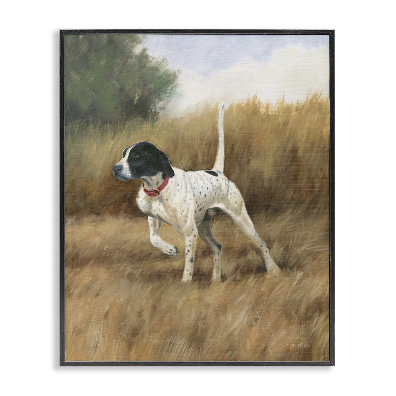 Chien pointeur dans un champ, H 20 po x l 16 po x P 1,5 po, Giclée encadrée noir minuit