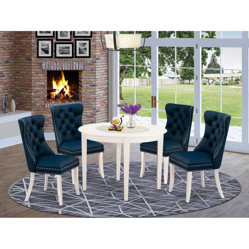 5-Piece Linen White Solid Wood Top - Round Upholstered Dining Room Set - (Seats-4), Navy