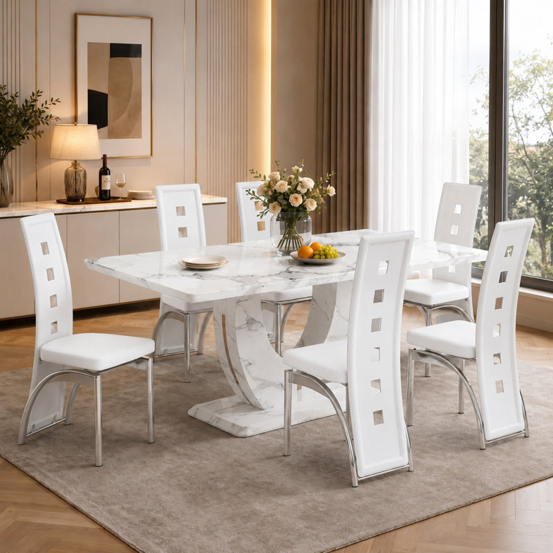 Ensemble de salle à manger contemporain 7 pièces avec table rectangulaire sur pied en faux marbre et chaises en similicuir