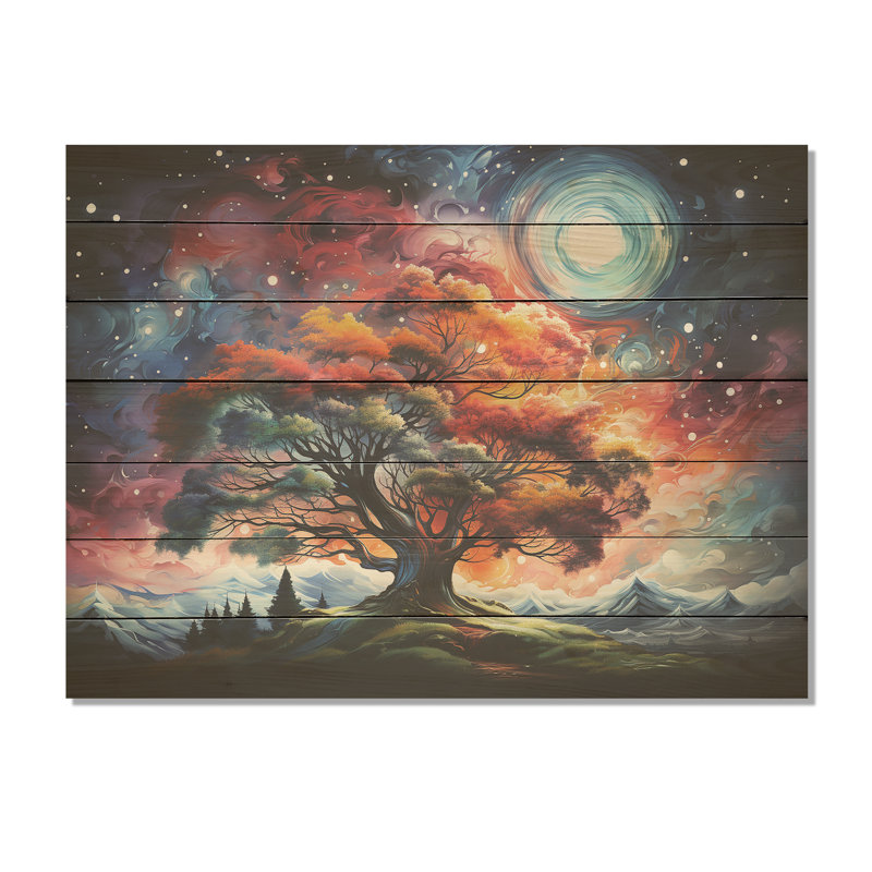 Arbre cosmique orange et rose - Arbre sur bois, H 10 po x l 20 po x P 0,78 po