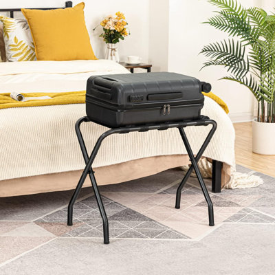 Porte-bagages, support de valise pliable en métal pour chambre d'amis, peut supporter jusqu'à 100 lb, 27 x 15,3 x 22 pouces, structure en acier, sangles en nylon, hôtel, chambre à coucher, placard, noir