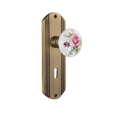 Deco Plate with Decorative Keyhole and White Rose Porcelain Door Knob