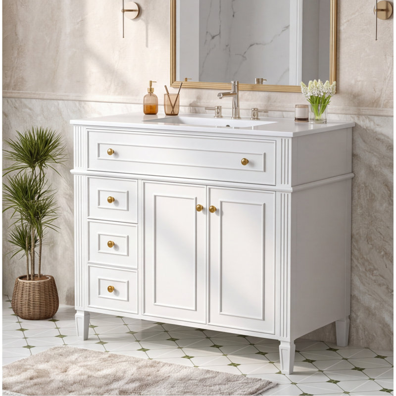 Meuble-lavabo blanc 36 po avec lavabo, armoire en bois massif et panneau de fibres à densité moyenne, tiroir rabattable, portes à fermeture en douceur, quincaillerie dorée