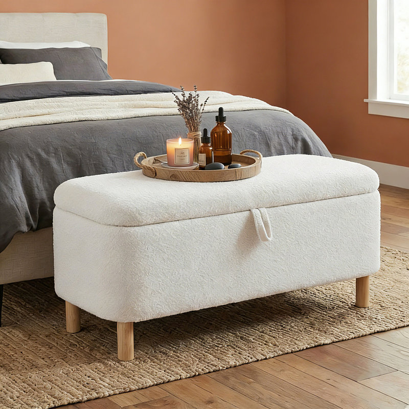 Fabric Upholstered Storage Bench, Cream