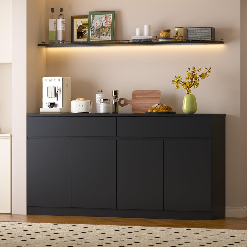 63'' Sideboard Buffet Cabinet With 4 Doors And 2 Drawers, Kitchen Sideboard, Black