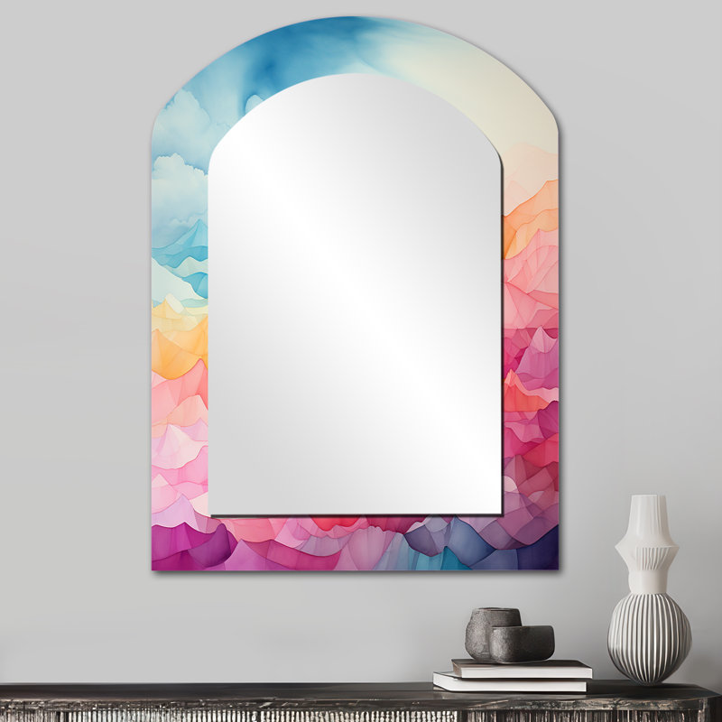 Aurora Borealis Minimalism Charm - Aurora Borealis Arch Wall Mirror, Pink Asymmetrical Decorative Mirror, Printed Metal Art