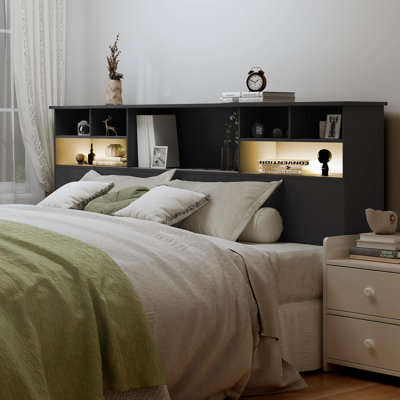 Modern Wooden Bookcase Headboard with LED Light and Charging Station - King