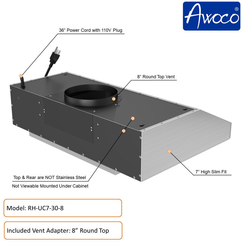Hotte sous un meuble à conduit 30 pouces avec filtre à chicane et lumière incluse Awoco RH-UC7-30