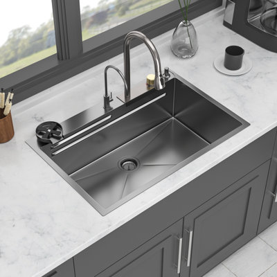 33X22x10 Inch 16 Gauge T304 Stainless Steel Gunmetal Black Kitchen Sink With Waterfall Style, Pull-Out Faucet & Colander Drop-In 33*22 Faucet, Cup Washer Cutting Board