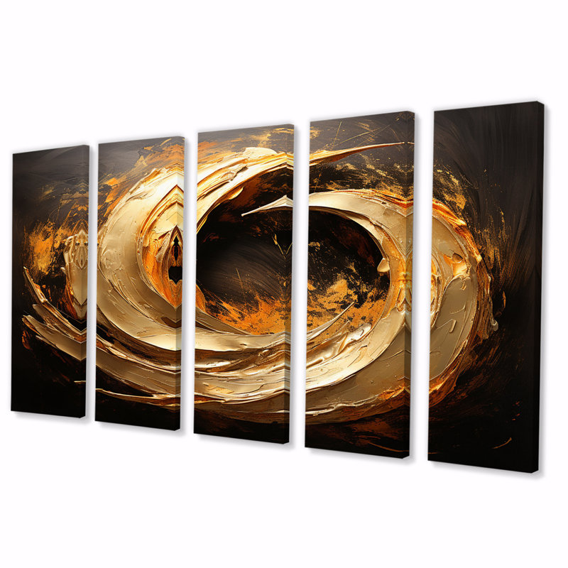 Spiral vintage or, reproduction sur toile - spirales abstraites, reproduction d'art mural - 5 panneaux égaux