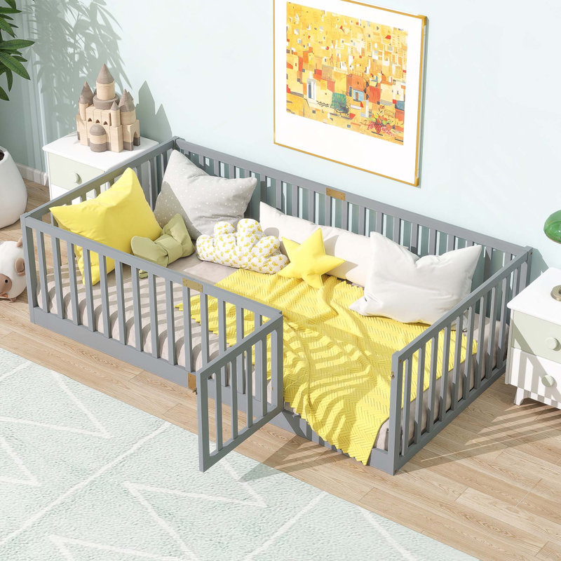 Lit en bois d'hévéa avec garde-corps et garde-corps de sécurité, Twin, Grey