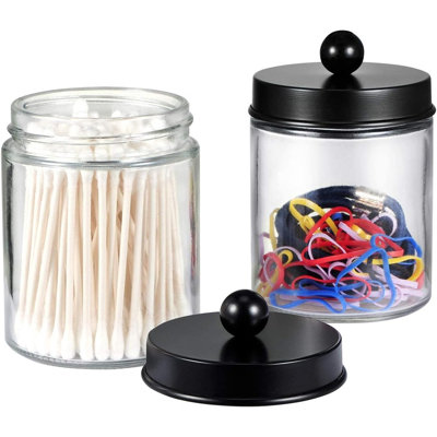 Ensemble de 4 pots de rangement pour salle de bain avec pots en acier inoxydable et autocollants mignons - Porte-distributeur de coton-tige pour coton-tige