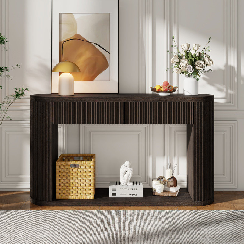 Console ovale cannelée avec 2 tiroirs et tablette inférieure, Espresso