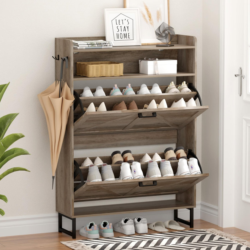 Shoe Cabinet With 2 Flip Drawers, Gray